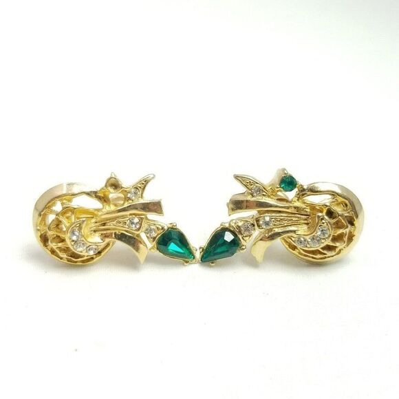 Vintage Green Rhinestone Mid-Century Style Clip On Earrings, Gold Tone Setting - Picture 6 of 7